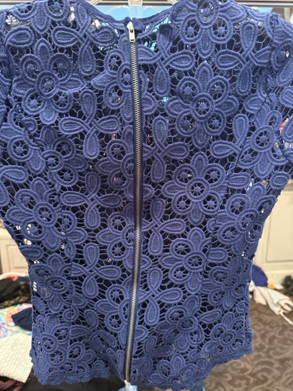 INTERMIX Navy Floral Crochet Lace Short Sleeve Top - Picture 2 of 4